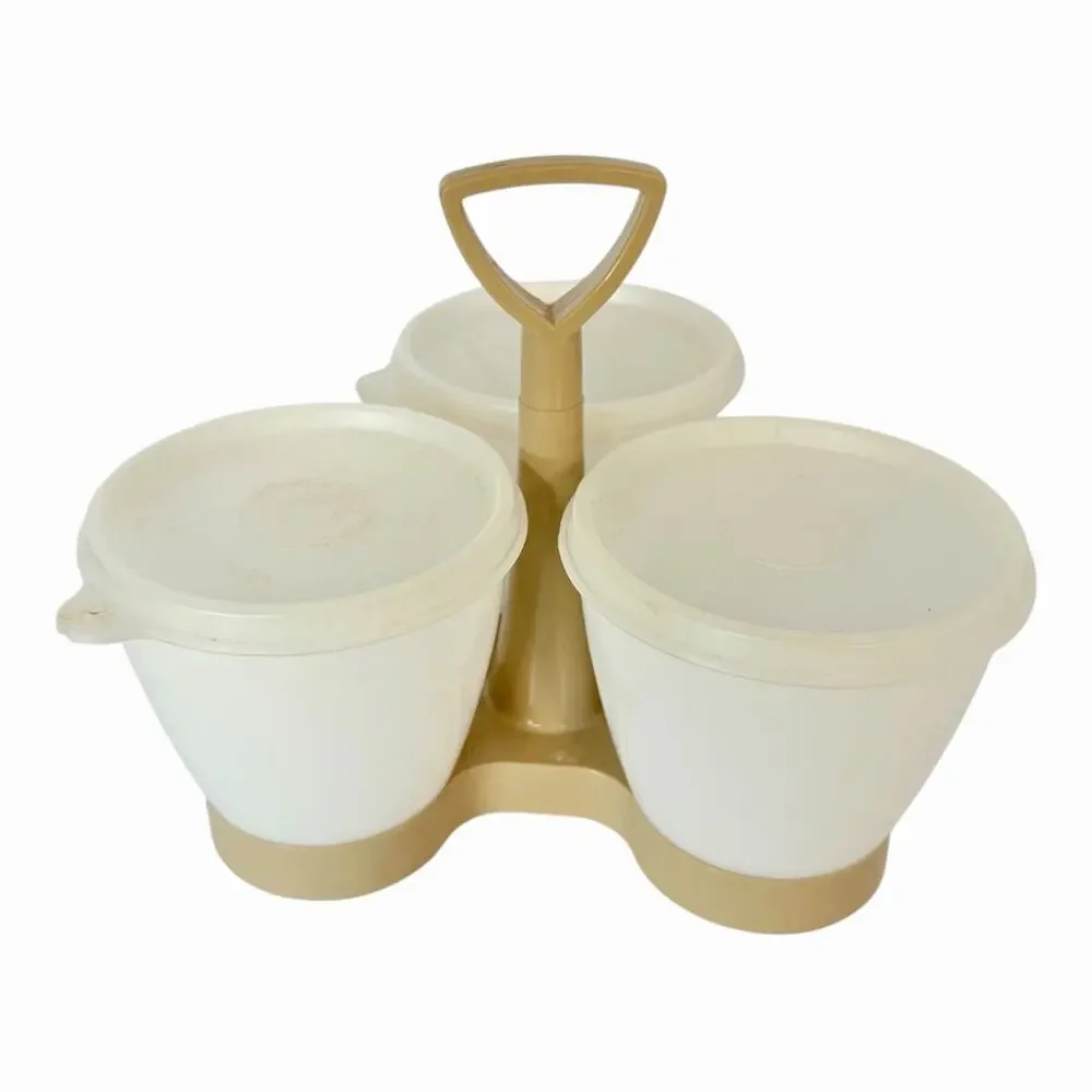Vintage Tupperware Condiment Serving Caddy Almond 3 Containers Lids 757-2